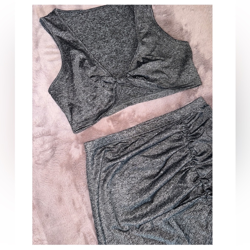 Chic Charcoal 2-Piece Set – Crop Top & Ruched Skirt
